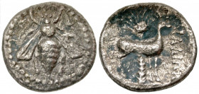Ionia, Ephesos. Ca. 202-150 B.C. AR drachm (17.9 mm, 3.51 g, 1 h). Plato, magistrate. E-Φ, bee with straight wings / ΠΛATΩN, stag standing right, palm...