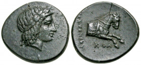 Ionia, Kolophon. Ca. 360-330 B.C. AE 15 (15.3 mm, 2.11 g, 0 h). Uncertain magistrate. Laureate head of Apollo right / uncertain magistrate's name / KO...