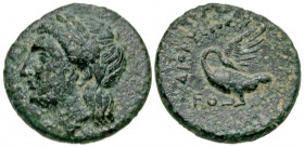 Ionia, Leukai. Ca. 350-300 B.C. AE 16 (15.8 mm, 2.58 g, 1 h). Dionysios, magistrate. Laureate head of Apollo left / ΛEO, ΔIONYΣIOΣ, swan standing left...