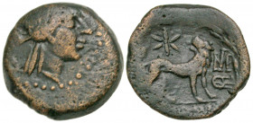 Ionia, Miletos. Ca. 170-150 B.C. AE hemiobol (19.2 mm, 4.84 g, 1 h). Hippolochos, magistrate. Laureate head of Apollo to right, border of dots / IΠΠΟΛ...