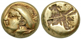 Ionia, Phokaia. Ca. 478-387 B.C. EL hekte (10.1 mm, 2.49 g). Female head left, hair in sakkos, wearing single-pendant earring; seal to right / Quadrip...
