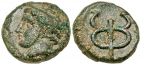 Ionia, Phokaia. 2nd century B.C. AE chalkous (12.3 mm, 2.12 g, 7 h). Head of Hermes left, wearing petasos / Monogram of Phokaia (ΦΩ) forming a caduceu...