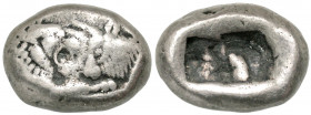 Lydian Kingdom. Kroisos. Ca. 560-546 B.C. AR siglos (16.4 mm, 5.22 g). Sardes mint. Confronted foreparts of lion right and bull left / Two incuse squa...