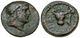 Caria, Cnidus. After 167 B.C. AE 19 (19.3 mm, 6.07 g, 0 h). Laureate head of Apollo right / ΠANTAΛEΩ KNIΔIΩN, head and neck of bull left, head facing....