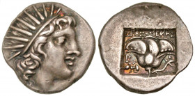 Islands off Caria, Rhodos. Rhodes. Ca. 150-125 B.C. AR drachm (16.8 mm, 2.79 g, 1 h). ?Plinthophoric? coinage. Thrasymenes, magistrate. Radiate head o...
