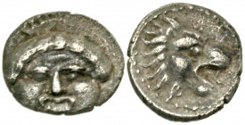Pamphylia, Aspendos. Ca. 420-360 B.C. AR obol (8.7 mm, 0.46 g, 4 h). Facing gorgoneion / Lion's head right. SNG France 42; Traité II 1580. VF, slightl...