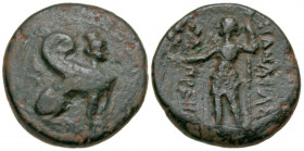 Pamphylia, Perge. Ca. 260-230 B.C. AE 18 (18.0 mm, 3.63 g, 1 h). Sphinx seated right / NANAYAΣ ΠΡEIIAΣ, Artemis standing left, holding wreath and scep...