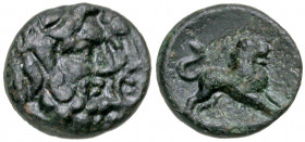 Pisidia, Komana. Ca. 1st century B.C. AE 13 (12.6 mm, 1.72 g, 12 h). Jugate, bearded heads right / KO, lion springing right. SNG Copenhagen 125; SNG v...