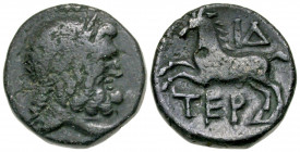 Pisidia, Termessus Major. 1st century B.C. AE 17 (16.9 mm, 4.51 g, 1 h). Dated CY 14 = 58/7 B.C. Laureate head of Zeus right / TEP, horse prancing lef...