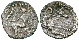 Lykaonia, Laranda. Ca. 324-323 B.C. AR obol (10.0 mm, 0.41 g, 1 h). Baaltars seated left, holding grain ear, bunch of grapes, and scepter / Forepart o...