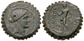 Seleukid Kingdom. Seleukos IV Philopator. 187-175 B.C. AE 23 serrate (22.7 mm, 11.11 g, 11 h). Antioch on the Orontes mint. Laureate head of Apollo ri...