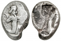 Achaemenid Kingdom. Xerxes I to Darios II. Ca. 485-420 B.C. AR siglos (18.1 mm, 5.60 g). Persian king or hero in kneeling-running stance right, holdin...