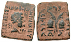 Graeco-Baktrian Kingdom. Antialkidas. Ca. 115-95 B.C. AE square unit (19.5 mm, 7.75 g, 12 h). Draped bust of Zeus right, thunderbolt over shoulder / T...