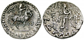Indo-Scythian Kingdom. Azes. Ca. 58-12 B.C. AR drachm (14.5 mm, 1.88 g, 6 h). Taxila mint. BAΣIΛEΩΣ BAΣIΛEΩN MEΓAΛOY AZOY, Azes on horseback right, ho...