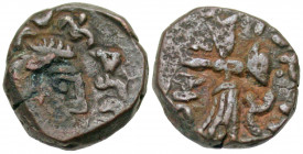 Indo-Parthian. Gondophares. Ca. A.D. 20-60. AE drachm (12.8 mm, 2.48 g, 7 h). Pathankot area. Bearded head right with two diadem and pearl collar / At...