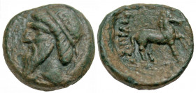 Parthian Kingdom. Mithradates I. 164-132 B.C. AE chalkous (15.3 mm, 3.35 g, 1 h). Hekatompylos mint. Diademed and bearded bust of Mithradates I left /...