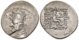 Parthian Kingdom. Sinatrukes. Ca. 77-70 B.C. AR drachm (20.5 mm, 4.17 g, 1 h). Rhagae mint. Diademed and draped bust left, wearing tiara with ear flap...