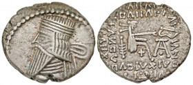 Parthian Kingdom. Pakoros I. Ca. A.D. 78-120. AR drachm (19.7 mm, 3.21 g, 1 h). Ecbatana mint. Diademed head left wearing long pointed beard, earring ...