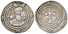 Sasanian Kingdom. Khusru II. A.D. 591-628. AR drachm (28.6 mm, 2.85 g, 3 h). NH (Nahr Tire) mint, RY 35. Crowned and cuirassed bust right, two stars a...