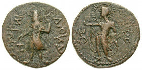 Kushan Empire. Kanishka I. A.D. 127/8-ca. 147. AE tetradrachm (27.0 mm, 16.04 g, 11 h). Taxila mint. Kanishka I standing facing, head to left, sacrifi...
