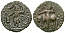 Kushan Empire. Vasudeva I. Ca. A.D. 191-230. AE tetradrachm (24.4 mm, 8.57 g, 12 h). Taxila mint. Vasudeva standing facing, head left, flames on shoul...