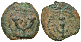 Judaea, Herodian Kingdom. Herod I. 40 B.C.E.-4 B.C.E. AE prutah (15.9 mm, 1.60 g, 1 h). Jerusalem mint, struck 40-4 B.C.E. HPWΔOY BACIΛE, anchor / Dou...