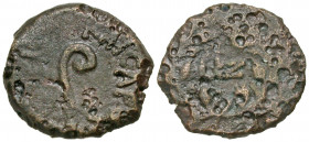 Judaea, Procurators. Pontius Pilate. 26-36 C.E. AE prutah (16.1 mm, 2.07 g, 1 h). Jerusalem mint, Prefect under Tiberius, dated year 17 = 30/31 C.E.. ...