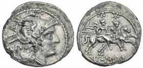 Anonymous. Ca. after 211 B.C. AR sestertius (13.0 mm, 0.90 g, 8 h). Rome mint. IIS, helmeted head of Roma right / ROMA, the Dioscuri, each holding spe...