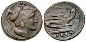 Anonymous. After 211 B.C. AE triens (21.7 mm, 6.98 g, 1 h). Uncertain mint. Helmeted head of Mercury right, ???? (mark of value) above / ROMA, prow of...