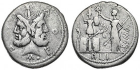 M. Furius L.f Philus. 119 B.C. AR denarius (19.2 mm, 3.72 g, 11 h). Rome mint . M · FOVRI · L · F, laureate head of Janus / ROMA / PHIL, Roma standing...
