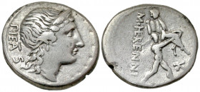 M. Herennius M.f. 108-107 B.C. AR denarius (18.5 mm, 3.77 g, 12 h). Rome mint. PIETAS, diademed head of Pietas right / M·HERENNI, Amphinomus advancing...