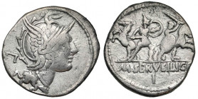 M. Servilius C.f.. 100 BC. AR denarius (21.6 mm, 3.84 g, 11 h). Rome mint. Helmeted head of Roma right; Π to left / M·SERVILI·C·F, two warriors, a Rom...