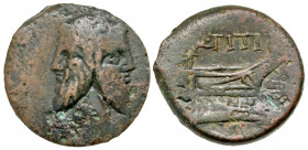 Q. Titius. 90 B.C. AE as (27.7 mm, 11.35 g, 4 h). Rome mint. Laurete head of Janus, I above / Q·TITI, Prow of galley right. Crawford 341/4a; Sydenham ...