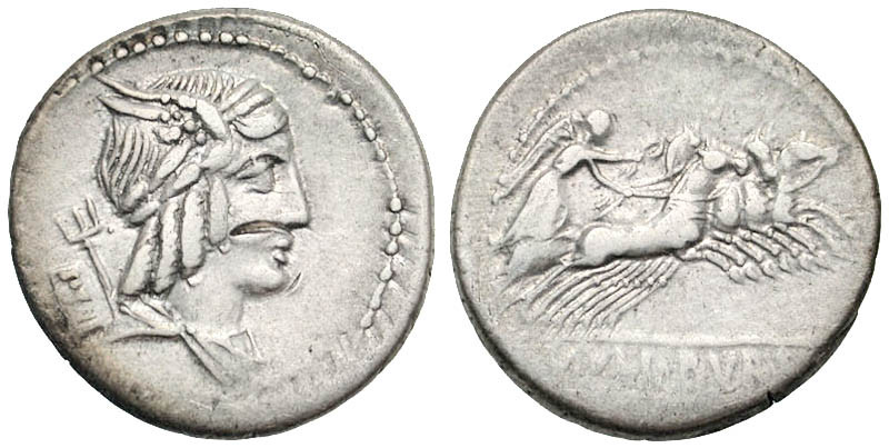 L. Julius Bursio. 85 B.C. AR denarius (20.2 mm, 3.79 g, 11 h). Rome mint. Laurea...