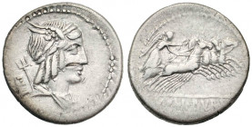 L. Julius Bursio. 85 B.C. AR denarius (20.2 mm, 3.79 g, 11 h). Rome mint. Laureate, winged, and draped bust of Apollo Vejovis right; trident and ladde...