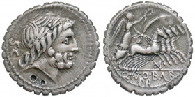 Q. Antonius Balbus. 83-82 B.C. AR serrate denarius (19.2 mm, 3.95 g, 4 h). Rome mint. S·C, laureate head of Jupiter right, two banker's marks on neck ...