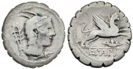 L. Papius. 79 B.C. AR serrate denarius (19.4 mm, 3.45 g, 4 h). Rome mint. Head of Juno Sospita right, wearing goat's skin headdress; sistrum behind he...