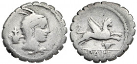 L. Papius. 79 B.C. AR serrate denarius (19.3 mm, 3.63 g, 2 h). Rome mint. Head of Juno Sospita right, wearing goat's skin headdress; oil jar behind he...