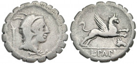L. Papius. 79 B.C. AR serrate denarius (19.2 mm, 3.57 g, 7 h). Rome mint. Head of Juno Sospita right, wearing goat's skin headdress; torch behind head...