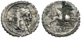 L. Papius. 79 B.C. AR fourrée serrate denarius (19.5 mm, 2.91 g, 7 h). Illegal mint. Head of Juno Sospita right, wearing goat's skin headdress; contro...