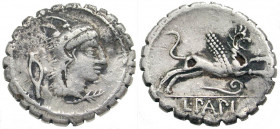 L. Papius. 79 B.C. AR fourrée serrate denarius (19.7 mm, 2.95 g, 7 h). Illegal mint. Head of Juno Sospita right, wearing goat's skin headdress; contro...