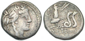 M. Volteius M.f. 75 B.C. AR denarius (17.2 mm, 3.89 g, 5 h). Rome mint. Head of Bacchus (or Liber) right, wearing ivy wreath / M·VOLTEI·M·F, Ceres dri...