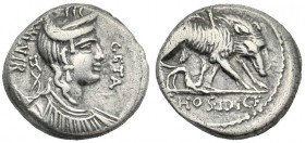 C. Hosidus C.f. Geta. 64 B.C. AR denarius (17.3 mm, 3.74 g, 7 h). Rome mint. GETA, III·VIR, draped bust of Diana right, bow and quiver over shoulder /...