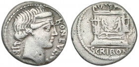L. Scribonius Libo. 62 B.C. AR denarius (18.8 mm, 3.79 g, 5 h). Rome mint. LIBO BON EVENT, diademed head of Bonus Eventus right / PVTEAL SCRIBON, well...