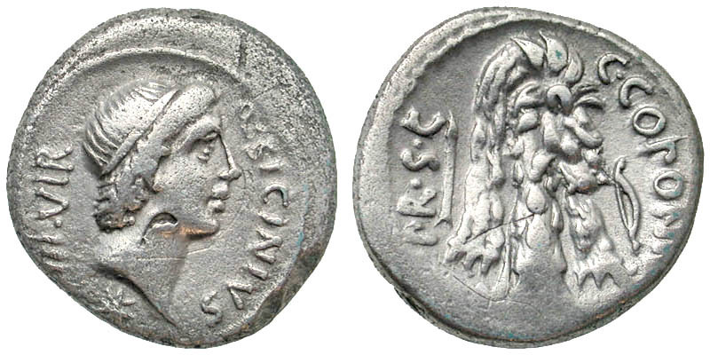 Q. Sicinius and C. Coponius. 49 B.C. AR denarius (18.4 mm, 3.61 g, 4 h). Militar...