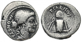 T. Carisius. 46 B.C. AR denarius (18.6 mm, 2.71 g, 11 h). Rome mint. MONET, Draped bust of Juno Moneta right / T·CARISIVS, Coin-making tools: anvil di...