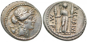 P. Clodius M.f. Turrinus. 42 B.C. AR denarius (19.5 mm, 3.78 g, 9 h). Rome mint. Laureate head of Apollo right; lyre behind / ·M·F·, P·CLODIVS, Diana ...