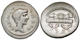 Octavian. 44-27 B.C. AR denarius (20.8 mm, 3.56 g, 5 h). Miltary mint in Italy, traveling with Octavian, struck 42 B.C. C·CAESAR·III·VIR·R·P·C, bare h...