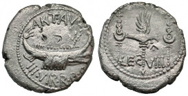 Mark Antony. 32-31 B.C. AR denarius (18.1 mm, 2.96 g). Patrae (?) mint, struck 32-31 B.C. ANT · AVG III VIR · R · P · C, praetorian galley right / LEG...