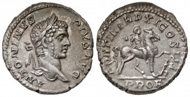 Caracalla. A.D. 198-217. AR denarius (19.3 mm, 3.14 g, 12 h). Rome mint, struck A.D. 208. ANTONINVS PIVS AVG, bearded older, laureate head of Caracall...